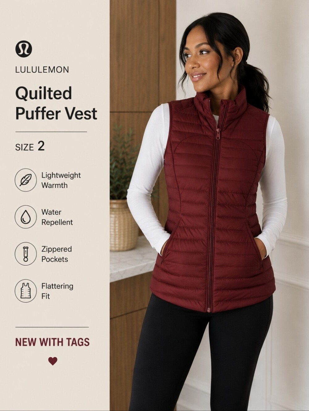 NWT- LuLuLemon Athletica Pack It Down Vest - Size 2